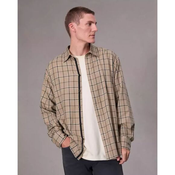 RAG & BONE Shirt Mens Small Tan Plaid Flannel Oversized Lightweight MATTHEW $258 - Picture 1 of 8